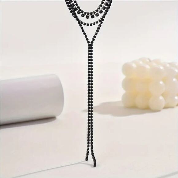 Black Crystal Y Lariat Choker Matching Earrings Rhinestone Necklace New Years - Picture 10 of 10